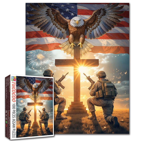 Patriotic Soldiers Prayer Eagle Cross American Flag Jigsaw Puzzle
