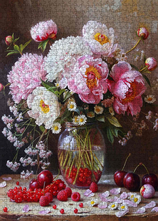 Peony Still Life with Berries and Glass Vase Jigsaw Puzzle