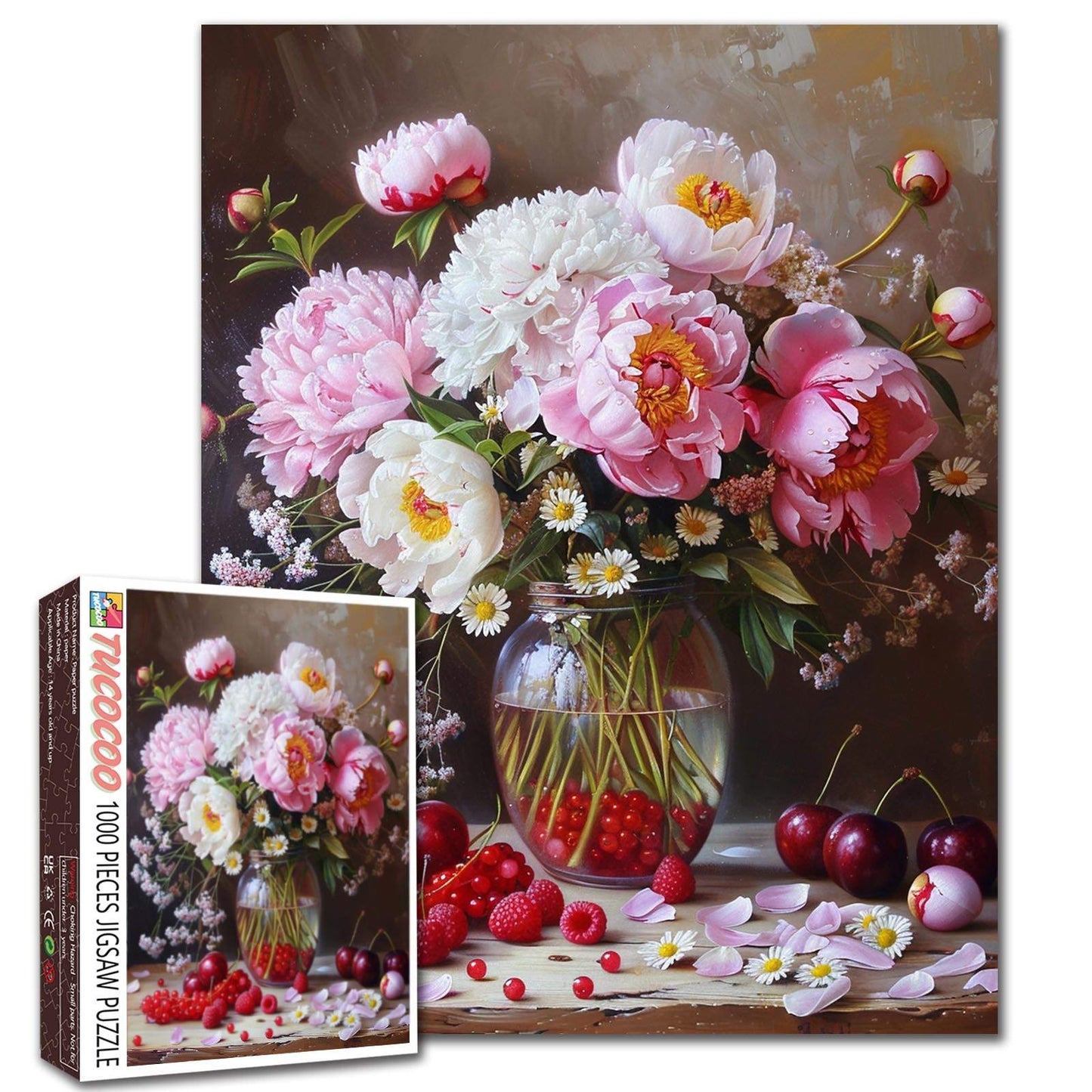 Peony Still Life with Berries and Glass Vase Jigsaw Puzzle