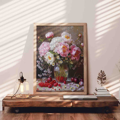 Peony Still Life with Berries and Glass Vase Jigsaw Puzzle