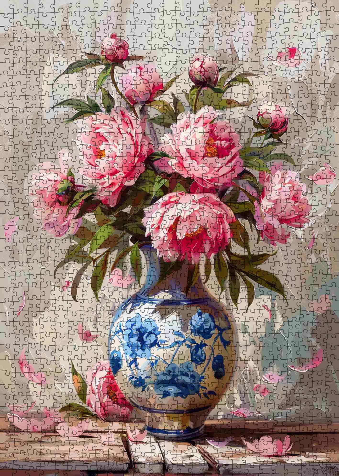 Pink Blossom Bouquet in Blue Porcelain Vase Jigsaw Puzzle