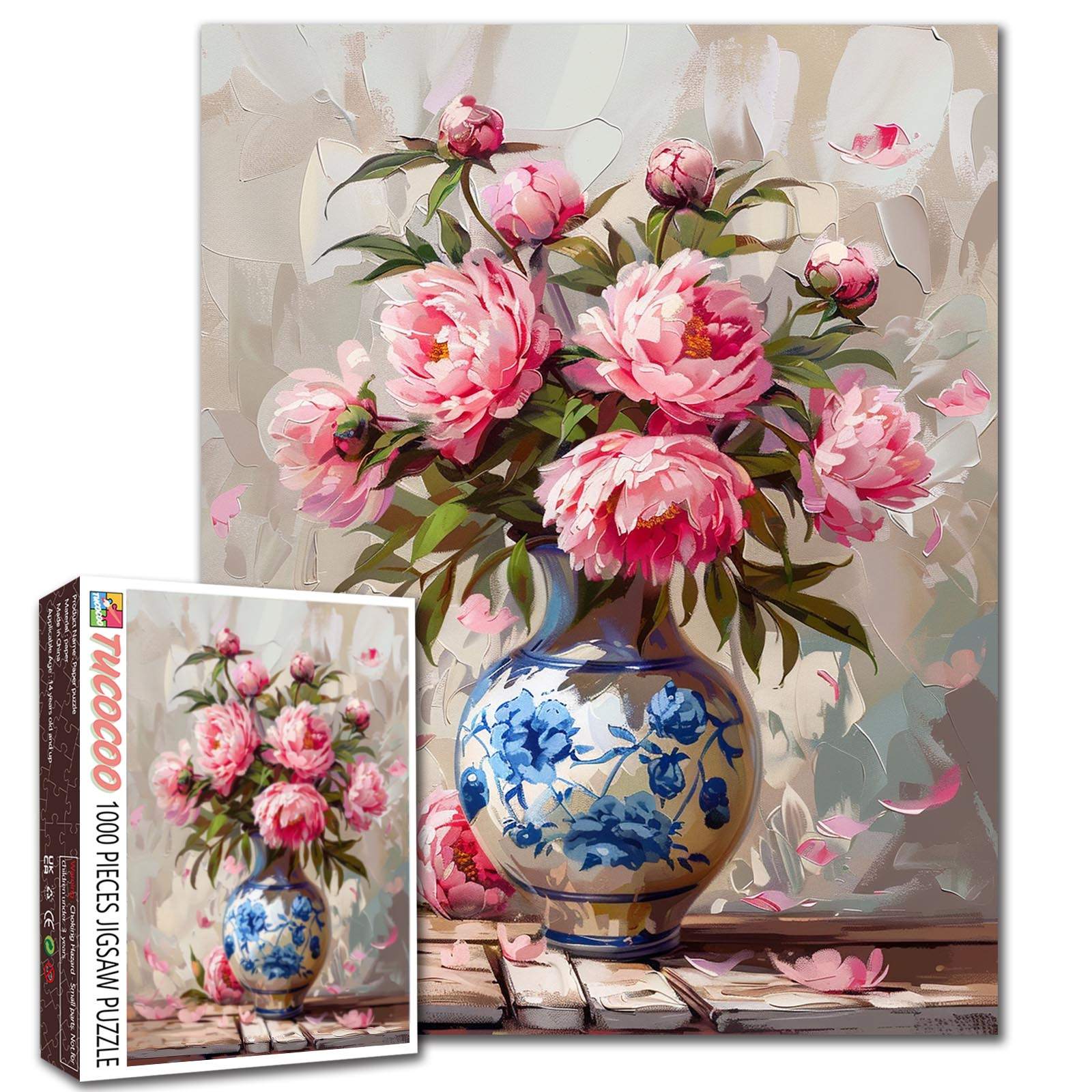 Pink Blossom Bouquet in Blue Porcelain Vase Jigsaw Puzzle