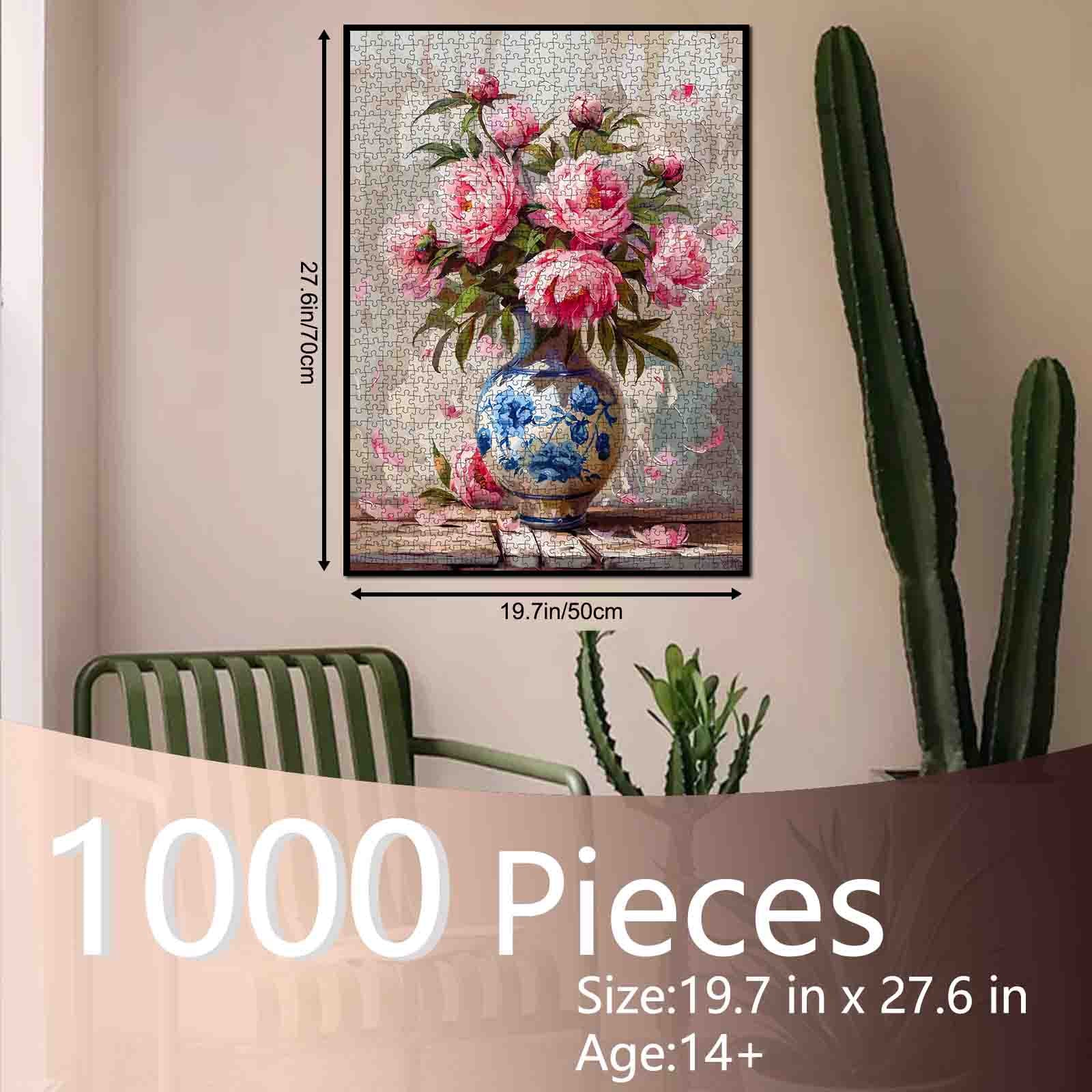Pink Blossom Bouquet in Blue Porcelain Vase Jigsaw Puzzle