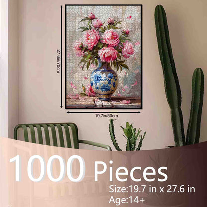 Pink Blossom Bouquet in Blue Porcelain Vase Jigsaw Puzzle