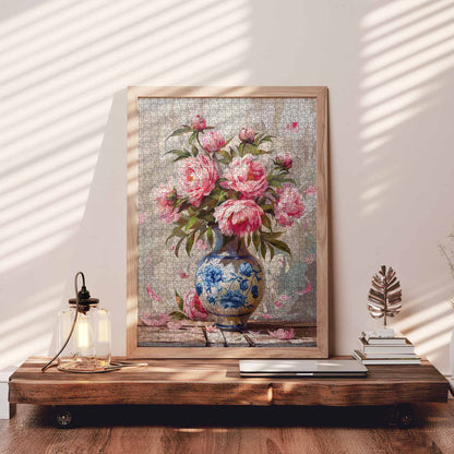 Pink Blossom Bouquet in Blue Porcelain Vase Jigsaw Puzzle