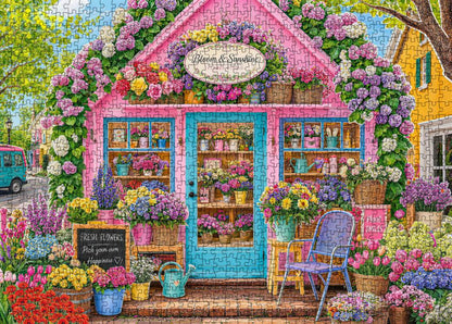 Pink Cottage Flower Shop Jigsaw Puzzle