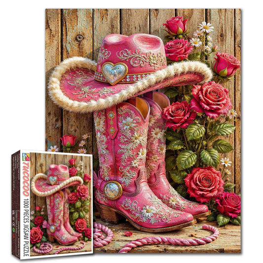 Pink Cowgirl Boots and Roses Jigsaw Puzzle