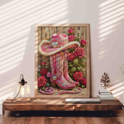 Pink Cowgirl Boots and Roses Jigsaw Puzzle