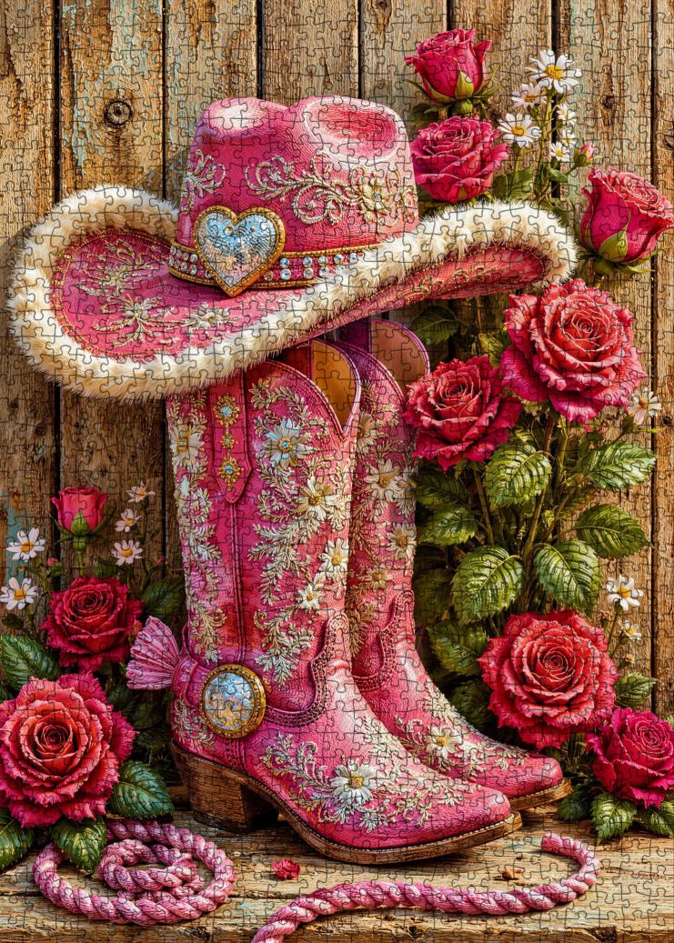 Pink Cowgirl Boots and Roses Jigsaw Puzzle
