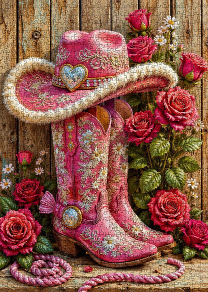 Pink Cowgirl Boots and Roses Jigsaw Puzzle