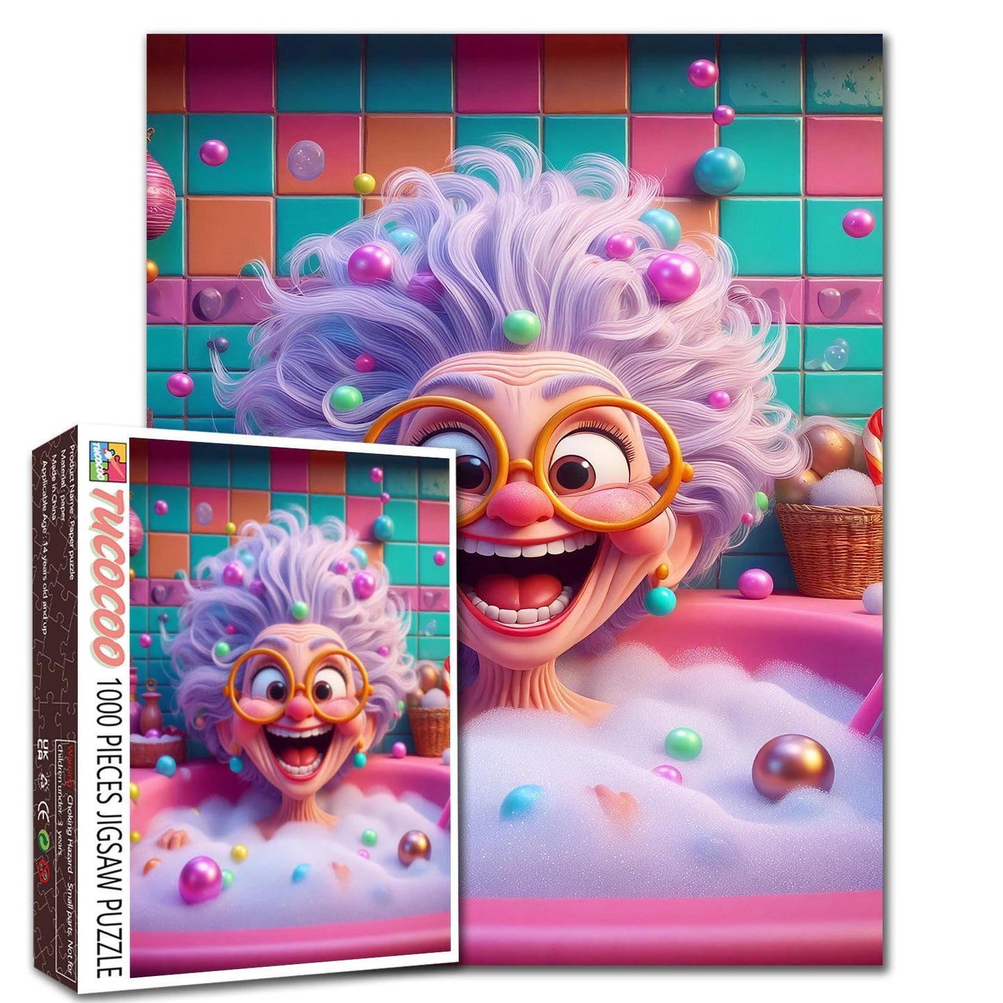 Playful Bubble Bath Granny Cartoon Jigsaw Puzzle