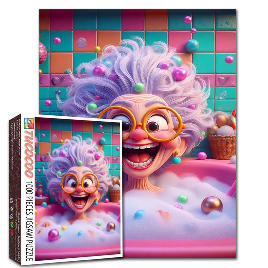 Playful Bubble Bath Granny Cartoon Jigsaw Puzzle