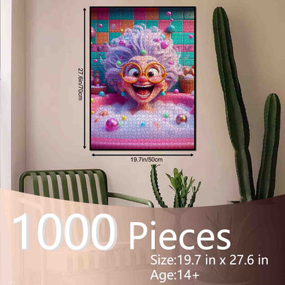 Playful Bubble Bath Granny Cartoon Jigsaw Puzzle