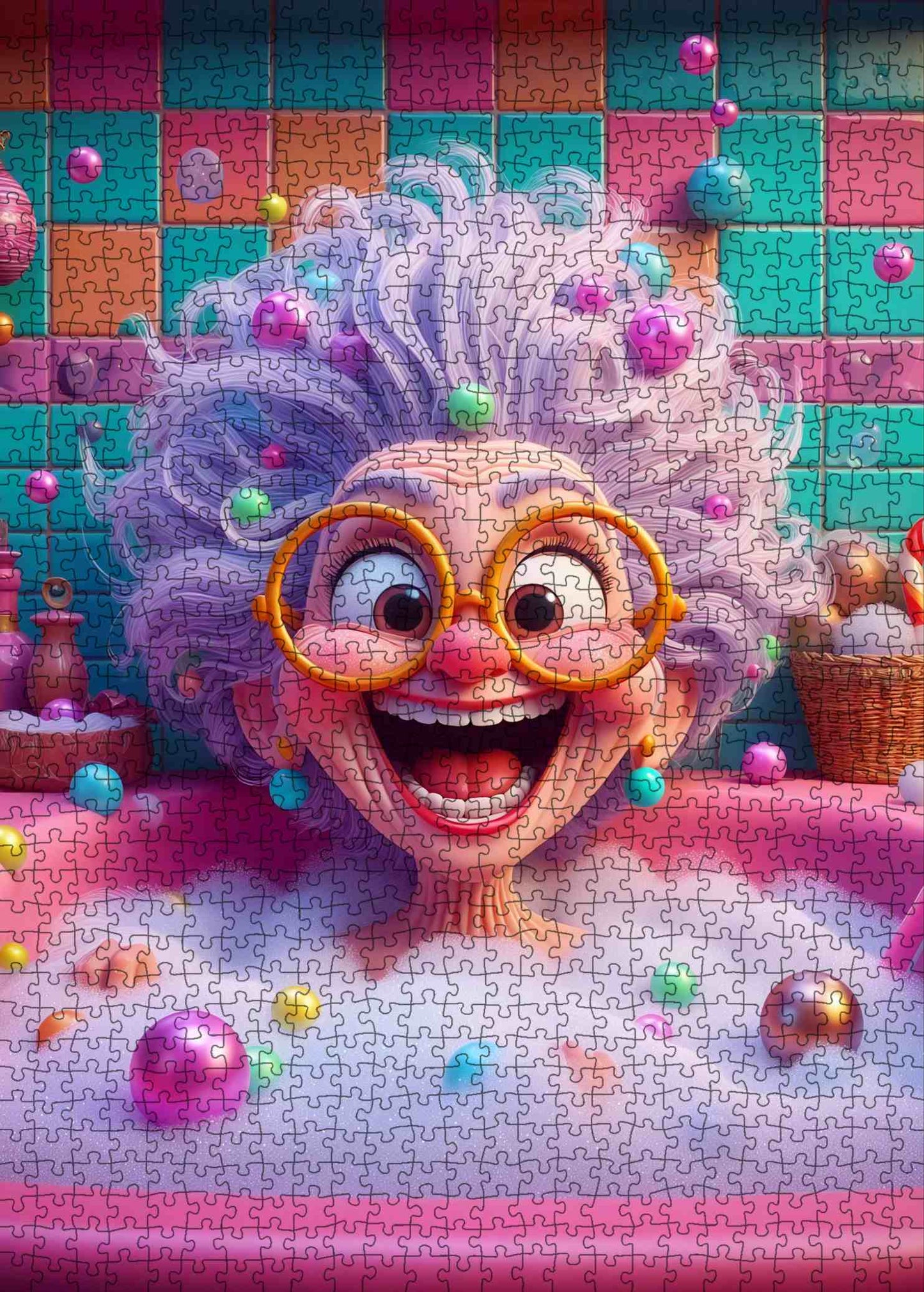 Playful Bubble Bath Granny Cartoon Jigsaw Puzzle