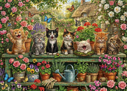 Playful Cats in Blooming Garden Jigsaw Puzzle