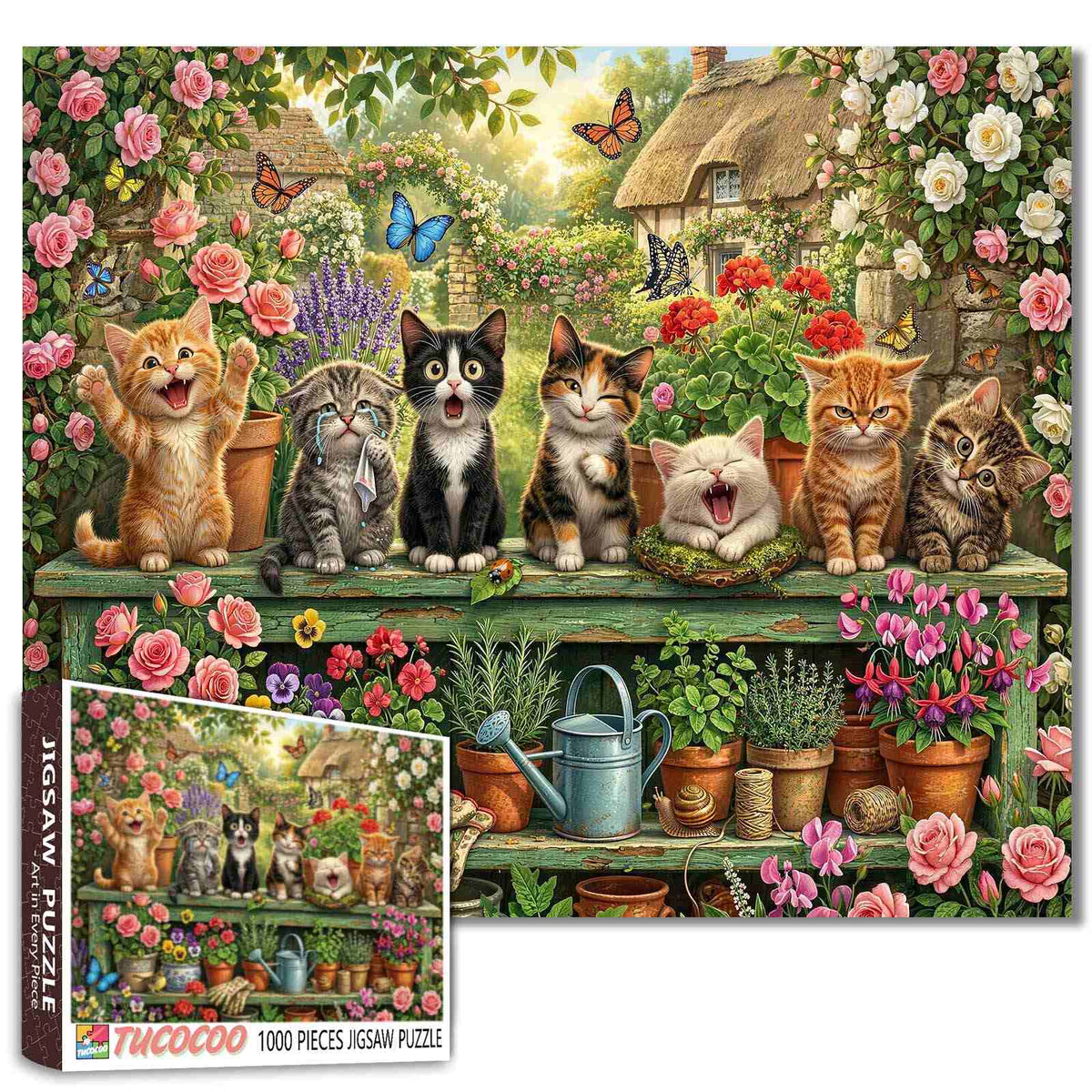 Playful Cats in Blooming Garden Jigsaw Puzzle