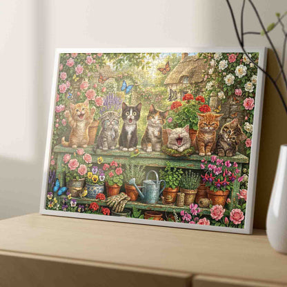 Playful Cats in Blooming Garden Jigsaw Puzzle