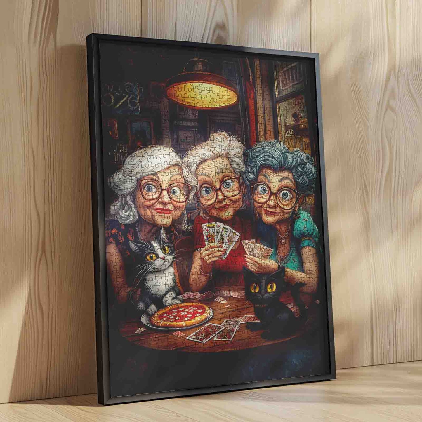 Playful Grandmas and Cats at Cozy Card Night Jigsaw Puzzle