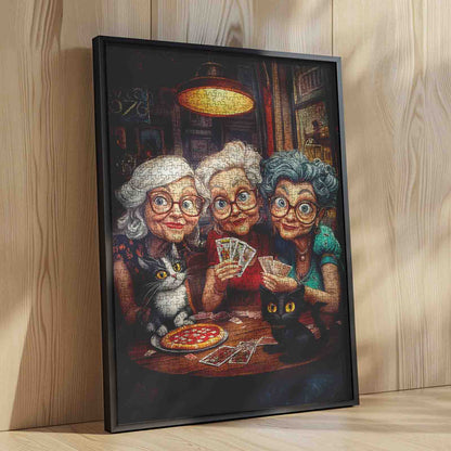 Playful Grandmas and Cats at Cozy Card Night Jigsaw Puzzle