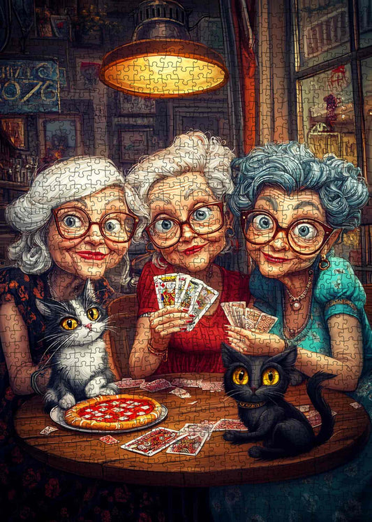 Playful Grandmas and Cats at Cozy Card Night Jigsaw Puzzle