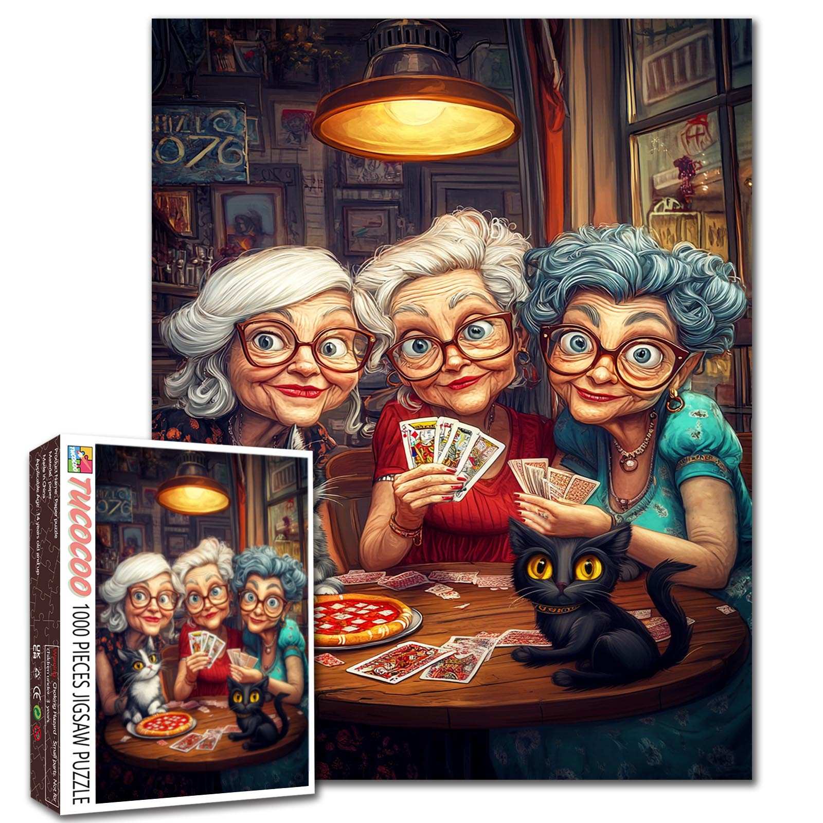 Playful Grandmas and Cats at Cozy Card Night Jigsaw Puzzle