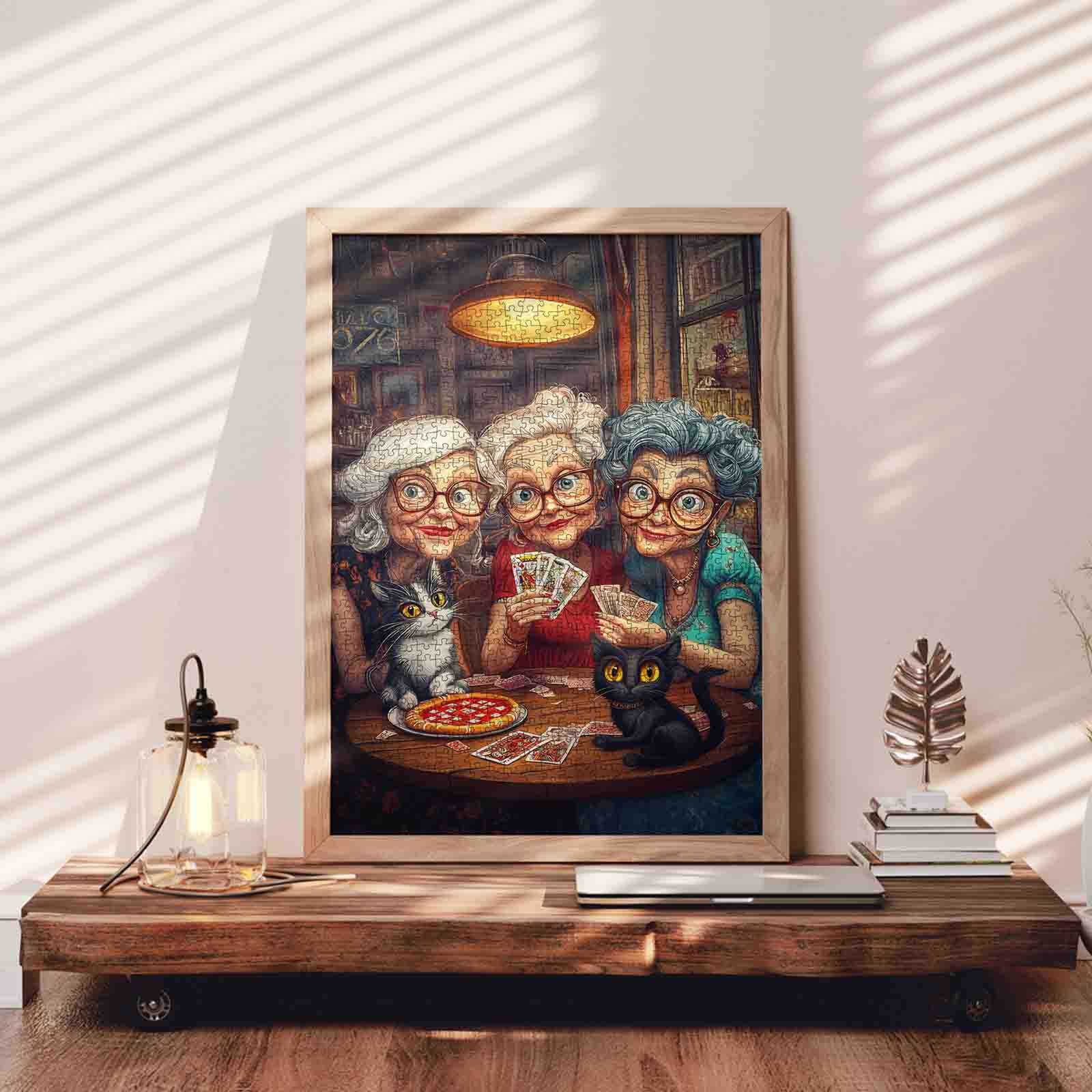 Playful Grandmas and Cats at Cozy Card Night Jigsaw Puzzle