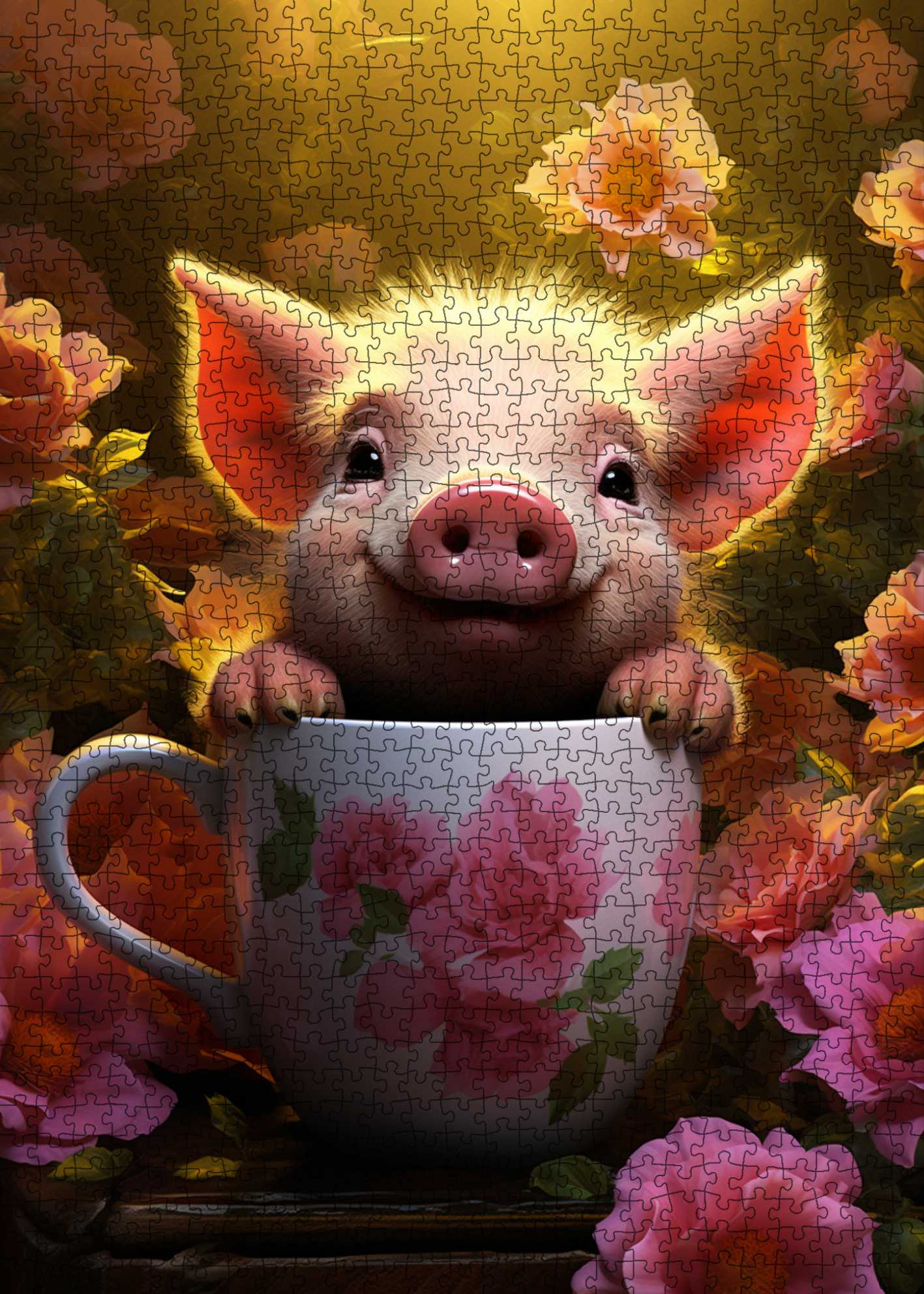 Playful Piglet in Floral Teacup Jigsaw Puzzle