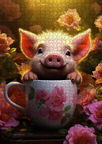 Playful Piglet in Floral Teacup Jigsaw Puzzle
