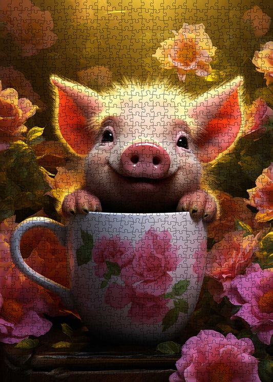 Playful Piglet in Floral Teacup Jigsaw Puzzle