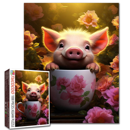 Playful Piglet in Floral Teacup Jigsaw Puzzle