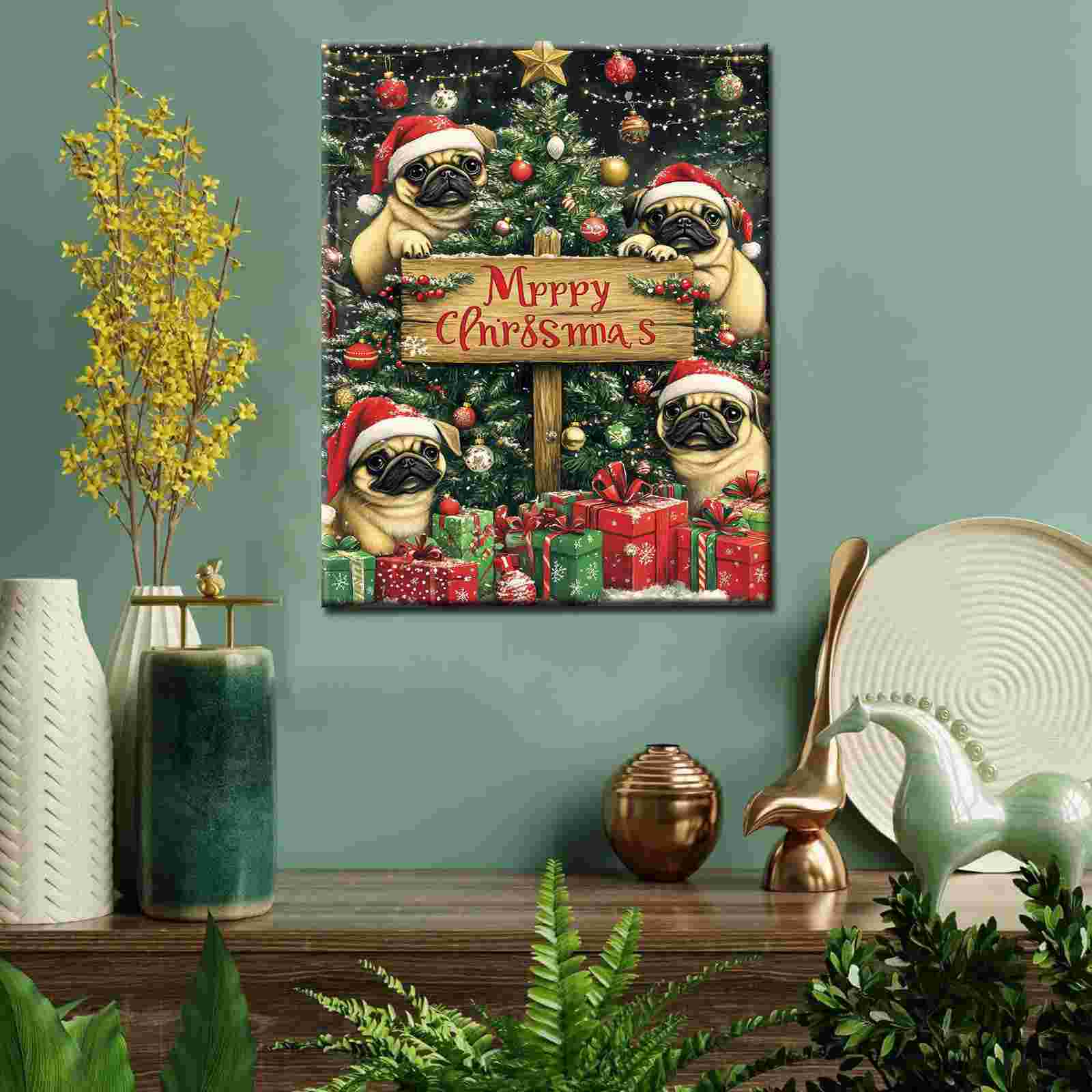 Christmas Pugs with Santa Hats Canvas Wall Art