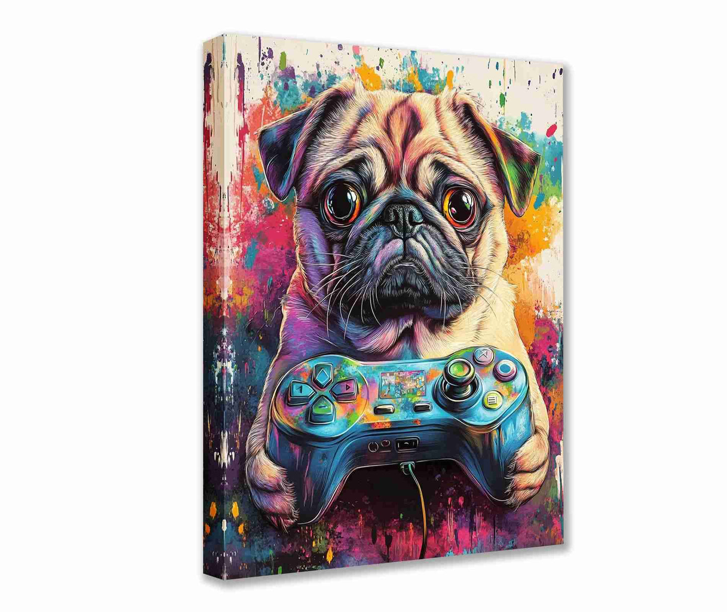 Playful Pug with Game Controller Canvas Wall Art