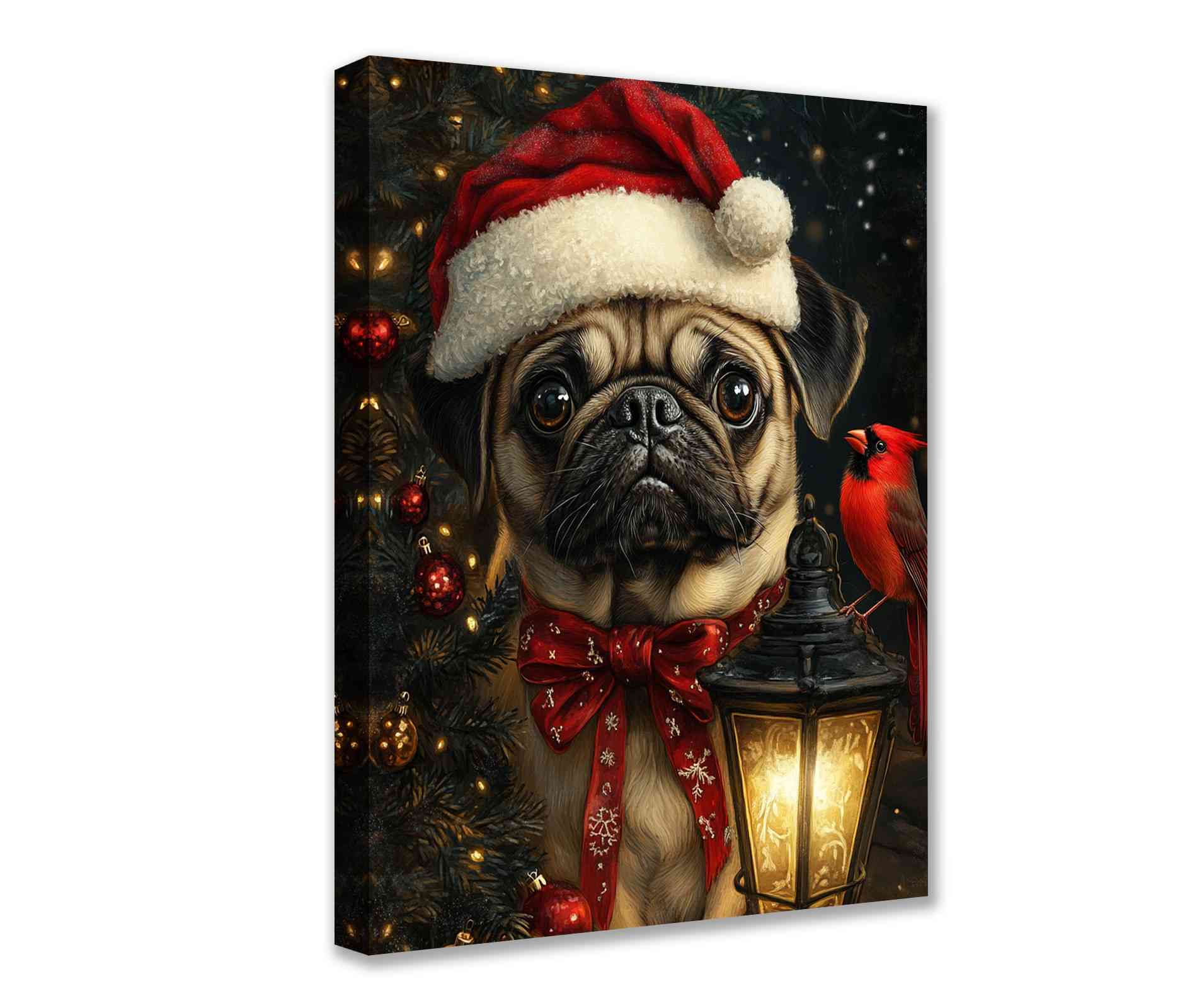 Christmas Pug with Lantern Canvas Wall Art