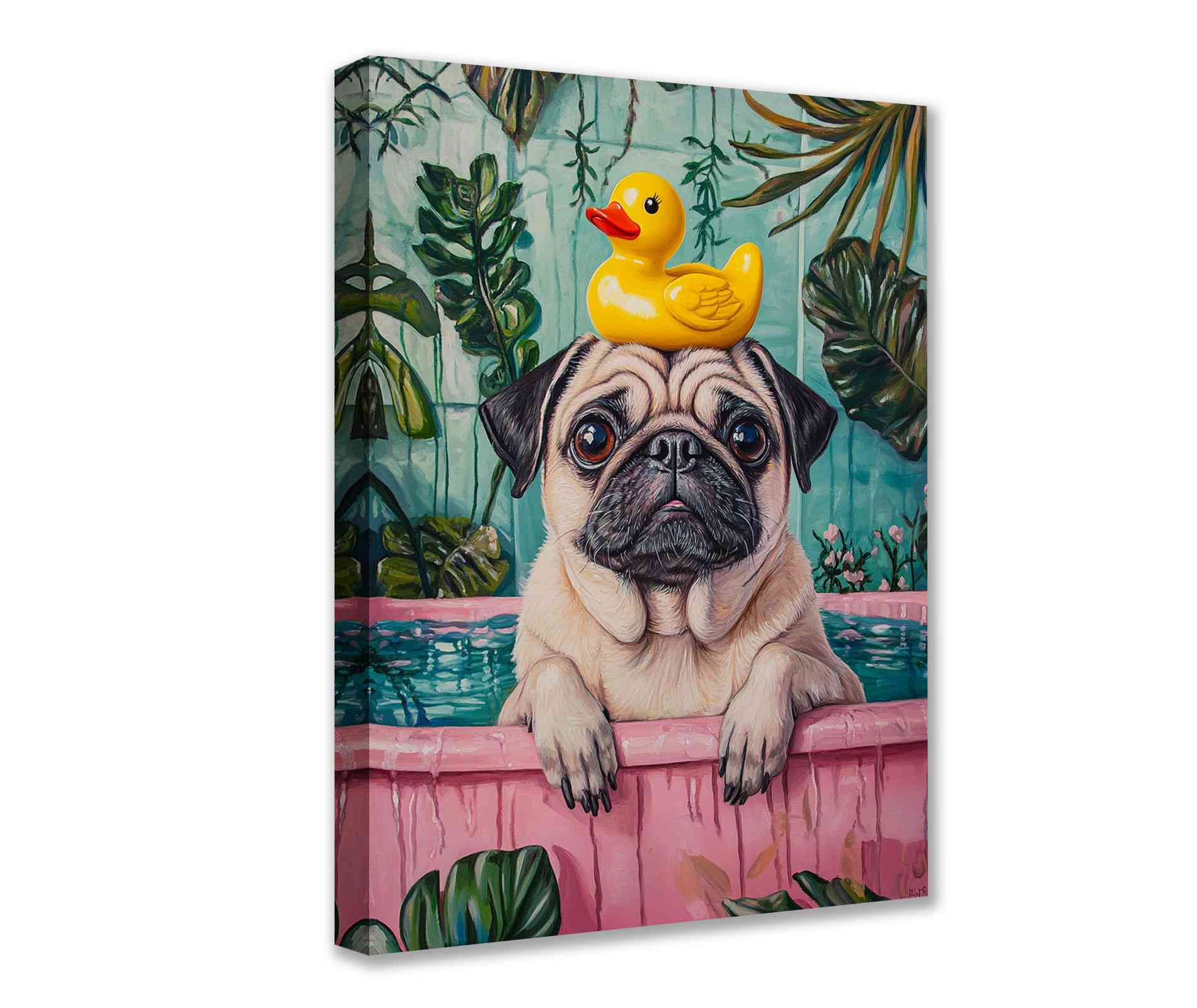 Bathtub Pug with Rubber Duck Canvas Wall Art