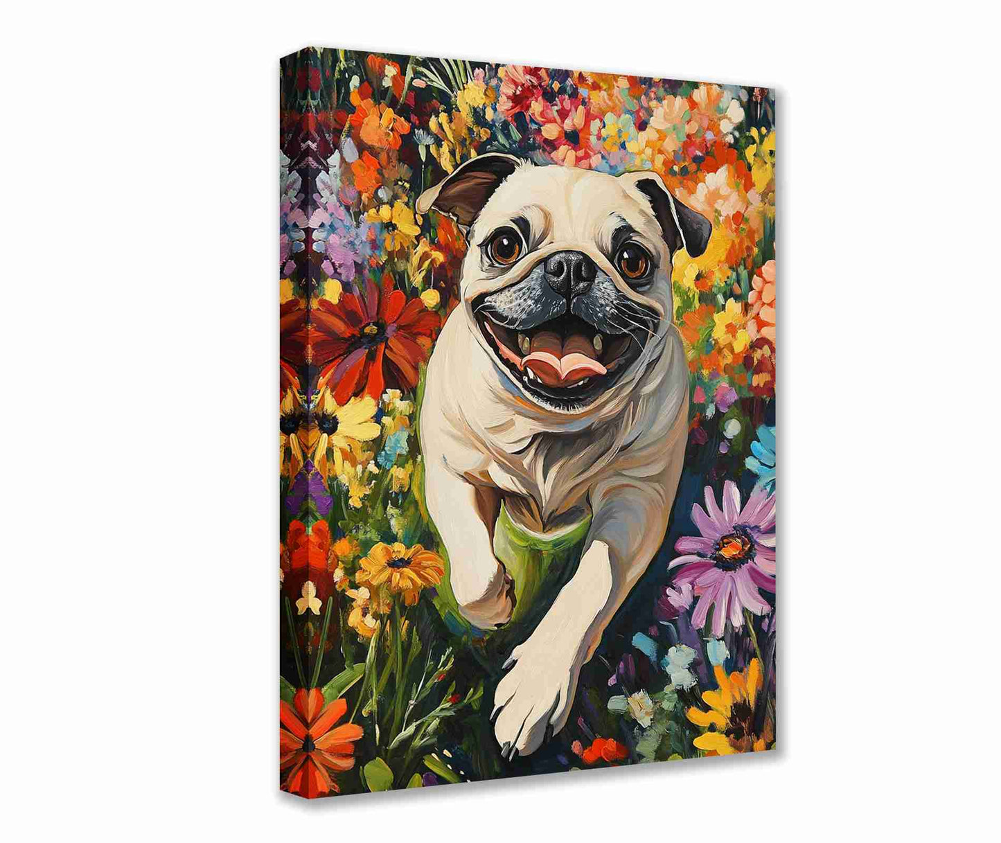 Happy Pug in a Field of Flowers Canvas Wall Art