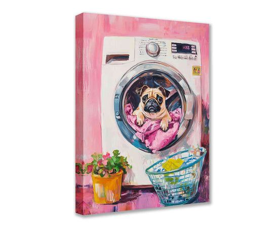 Playful Pug in Washing Machine Canvas Wall Art