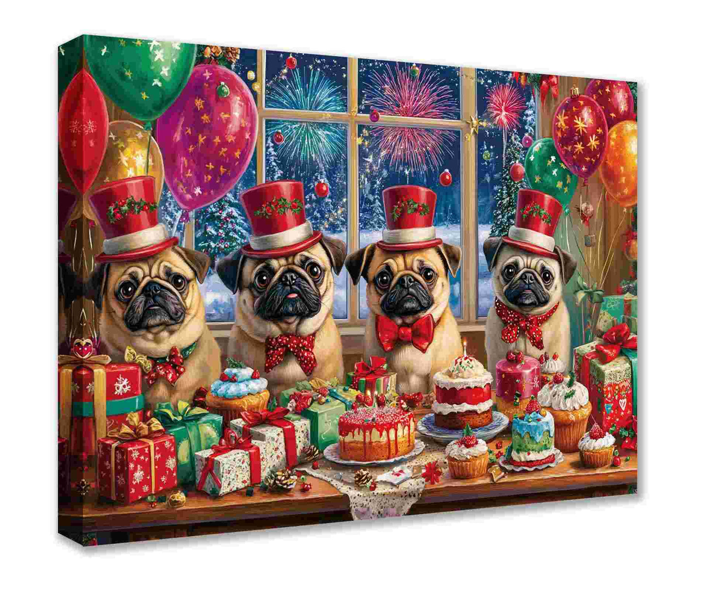 Festive Pug Party with Fireworks Canvas Wall Art