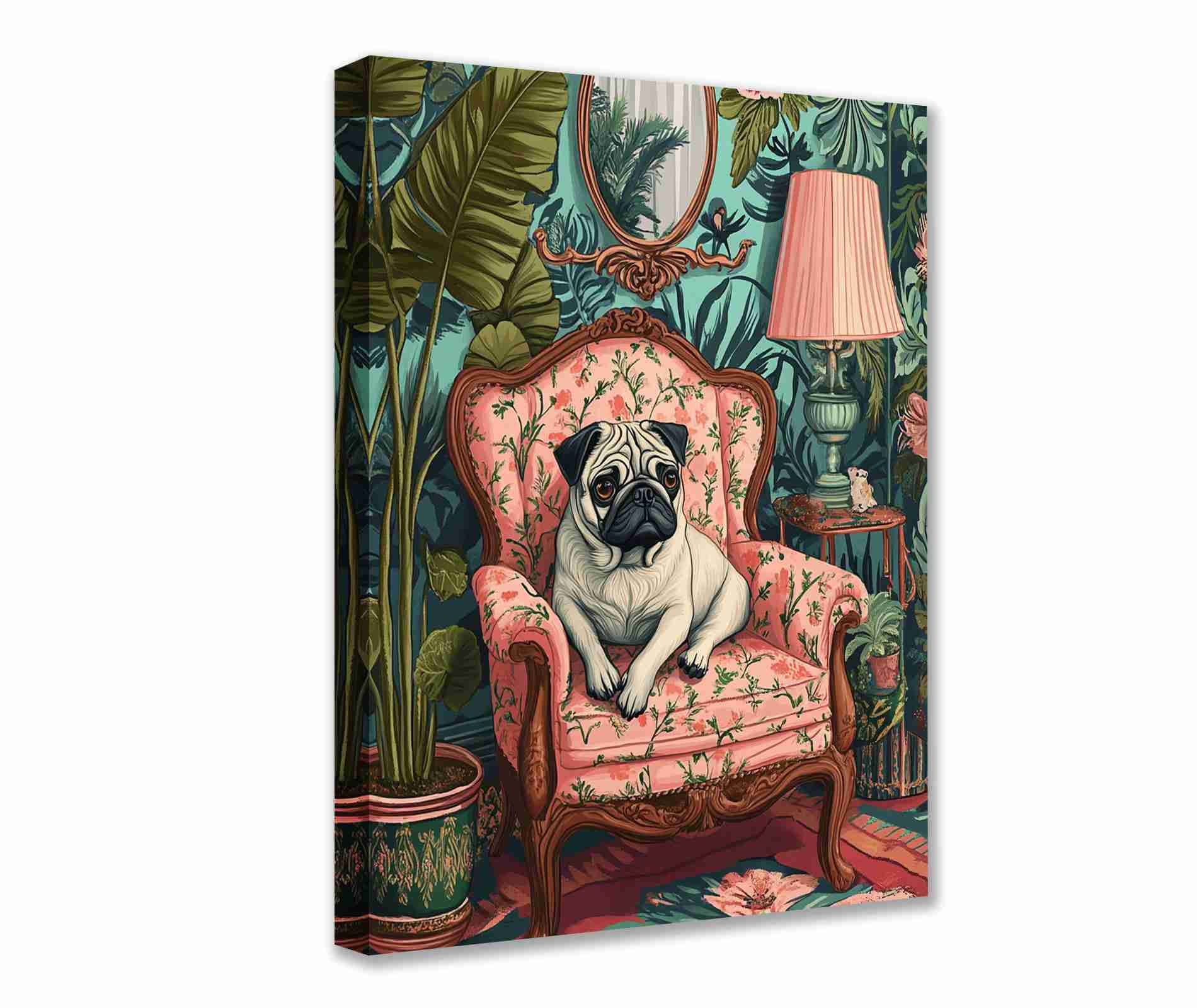 Vintage Pug on Floral Armchair Canvas Wall Art