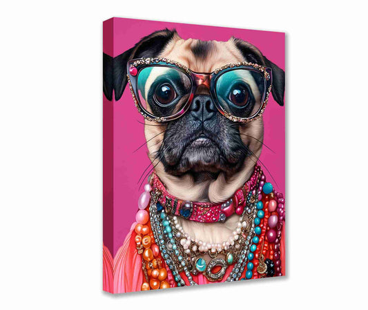 Glamorous Pug in Jewelry and Glasses Canvas Wall Art