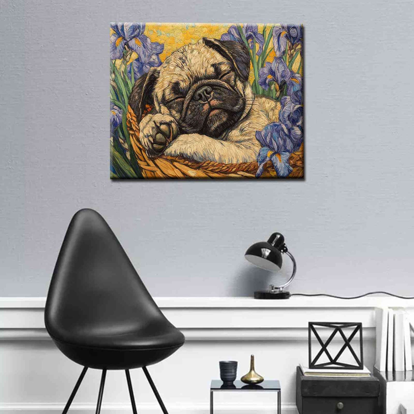 Sleeping Pug in Flower Basket Canvas Wall Art