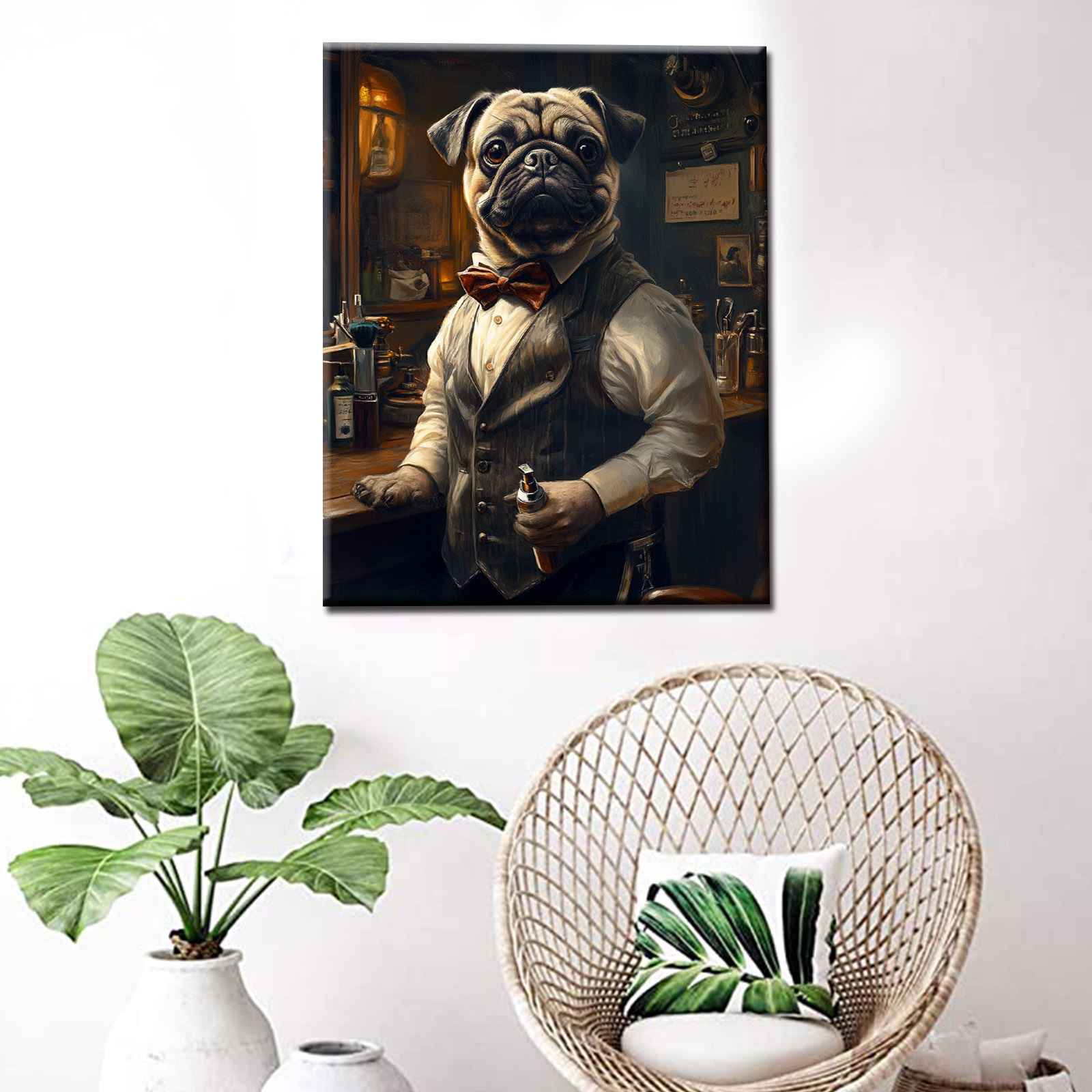 Vintage Barber Pug Canvas Wall Art