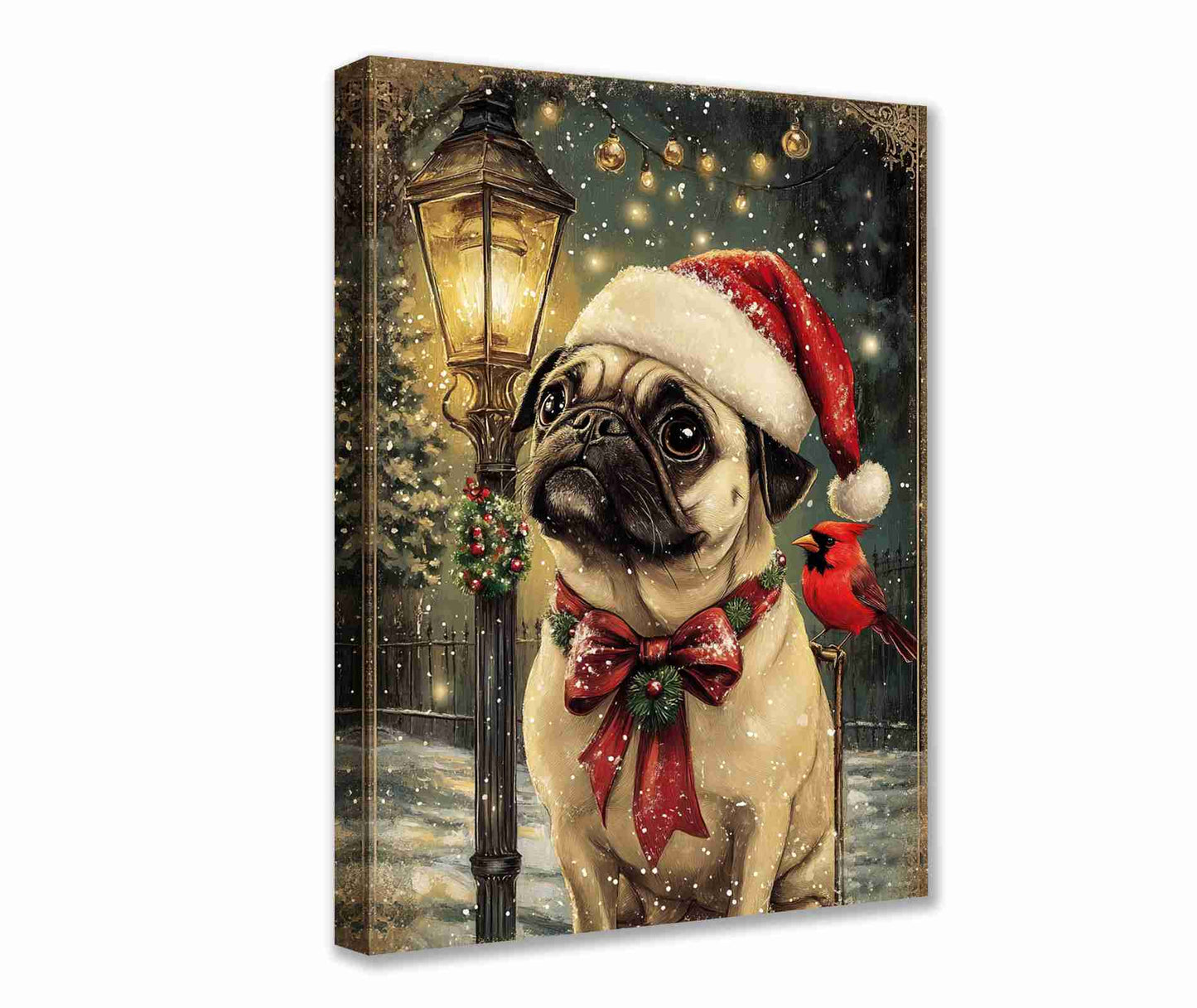 Festive Pug in Snow with Cardinal Canvas Wall Art