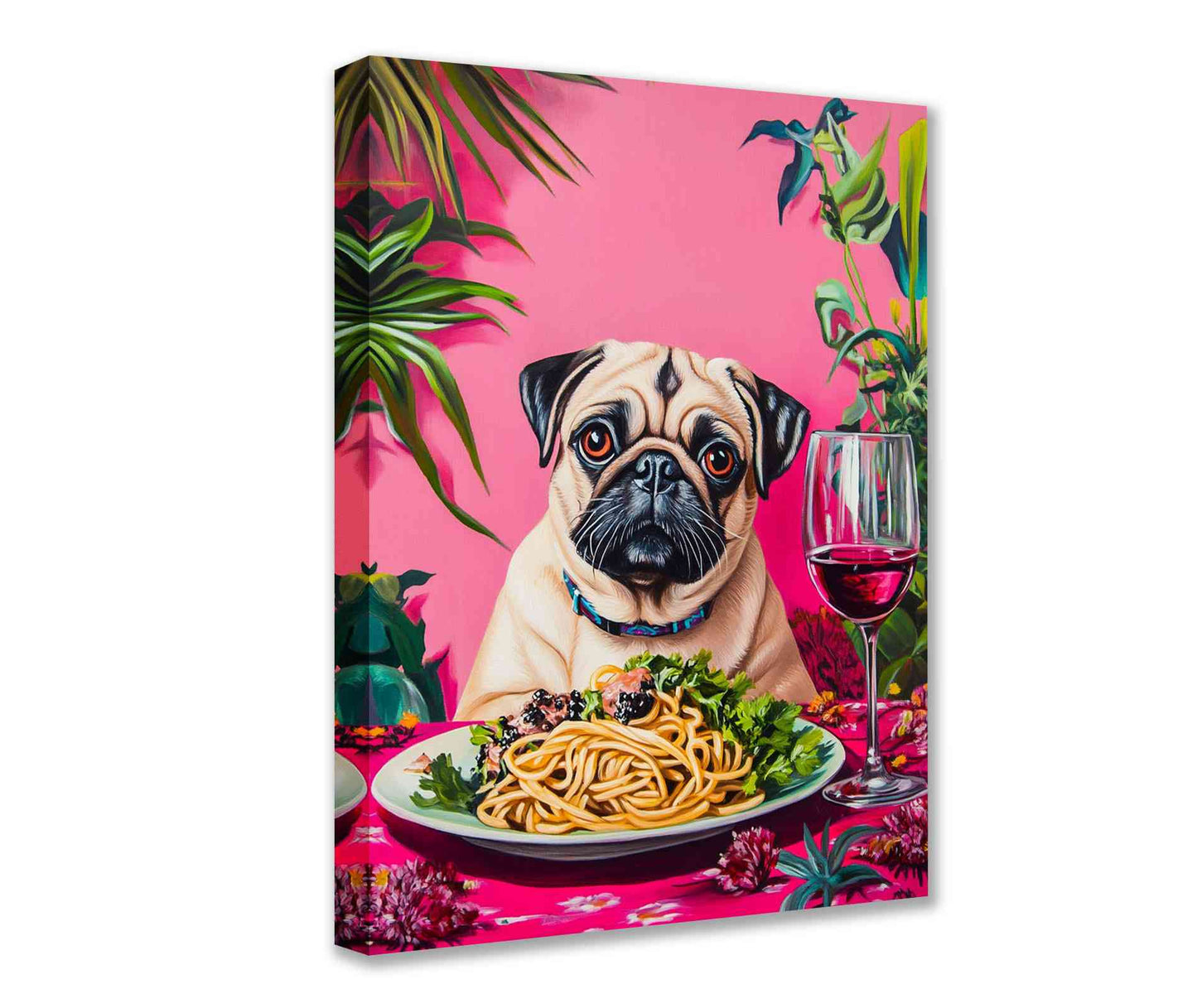 Elegant Pug Dining with Pasta Canvas Wall Art