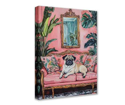 Elegant Pug on Pink Sofa Canvas Wall Art