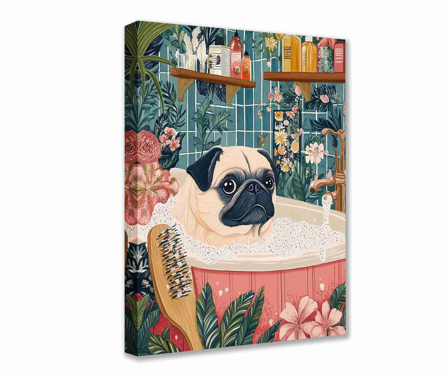 Pug in Bubble Bath Botanical Canvas Wall Art