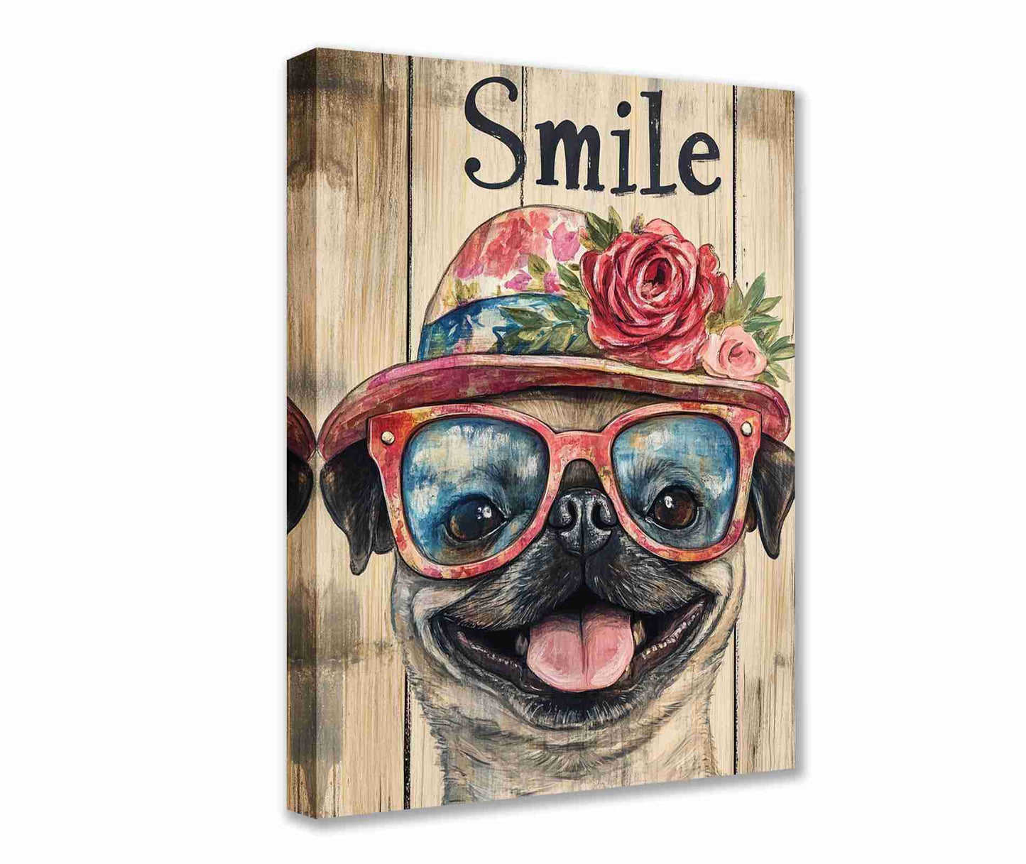 Smiling Pug with Hat and Glasses Canvas Wall Art