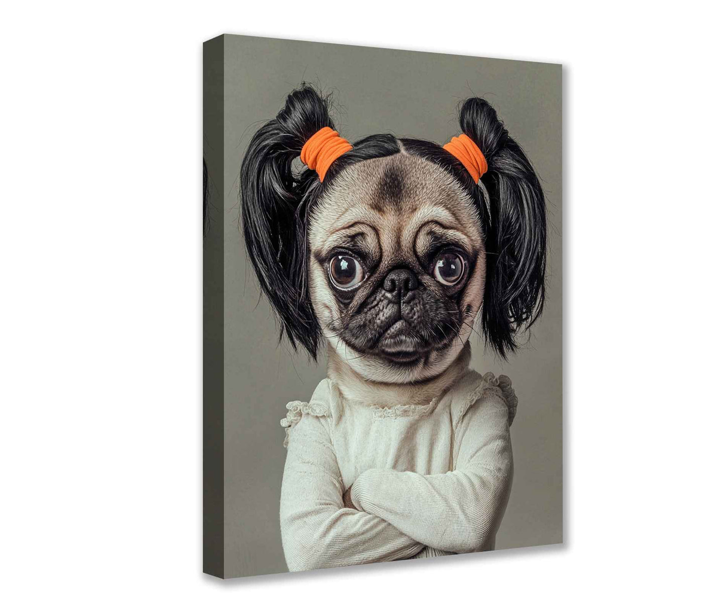 Pug with Pigtails Funny Canvas Wall Art