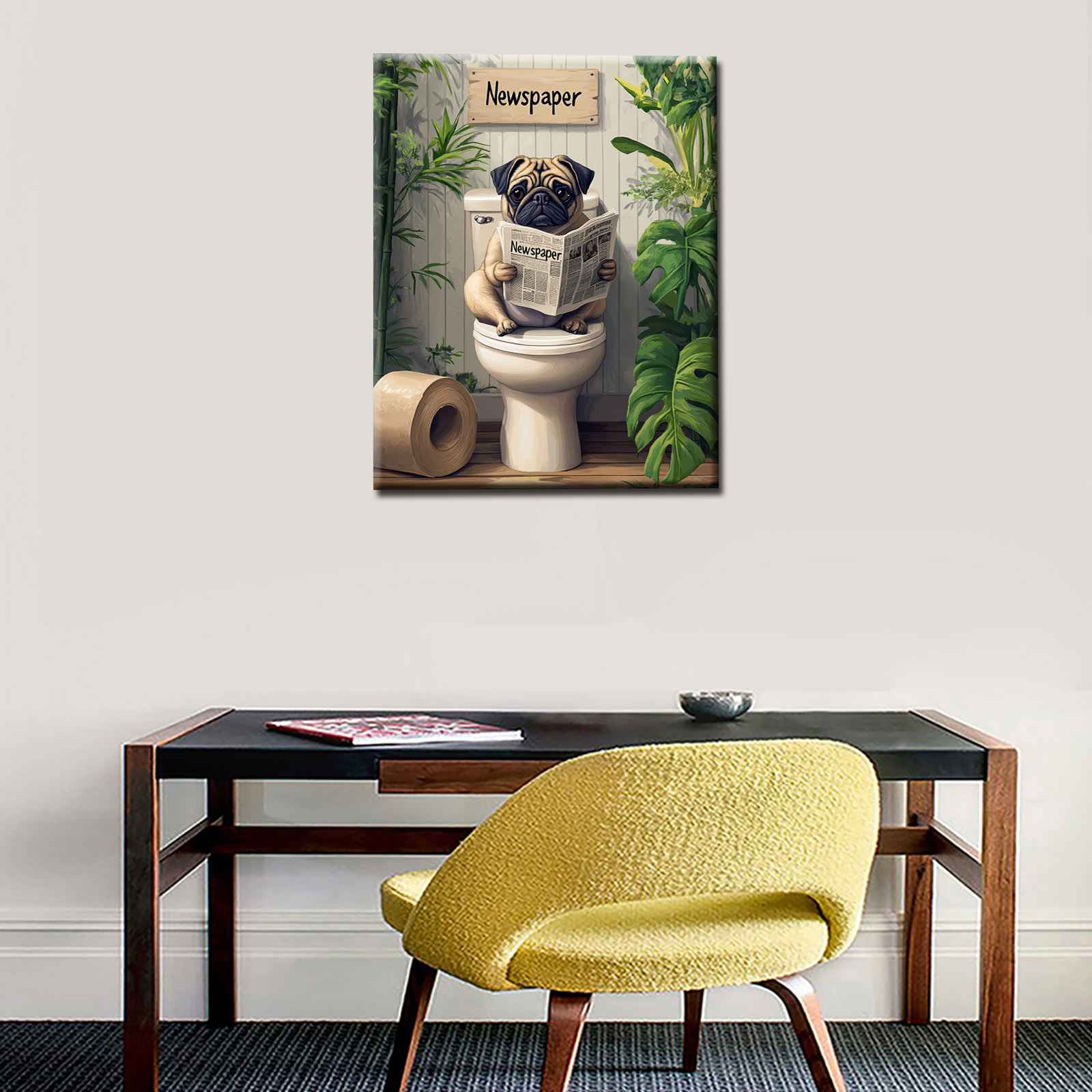 Pug Reading Newspaper on Toilet Canvas Wall Art