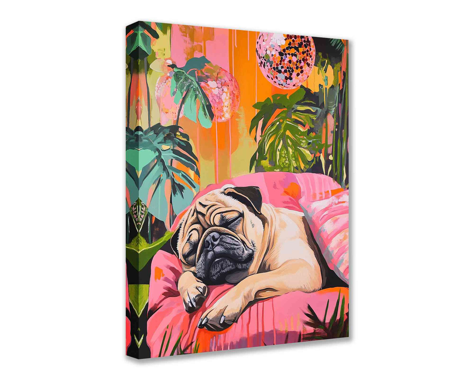 Sleeping Pug in Tropical Oasis Canvas Wall Art