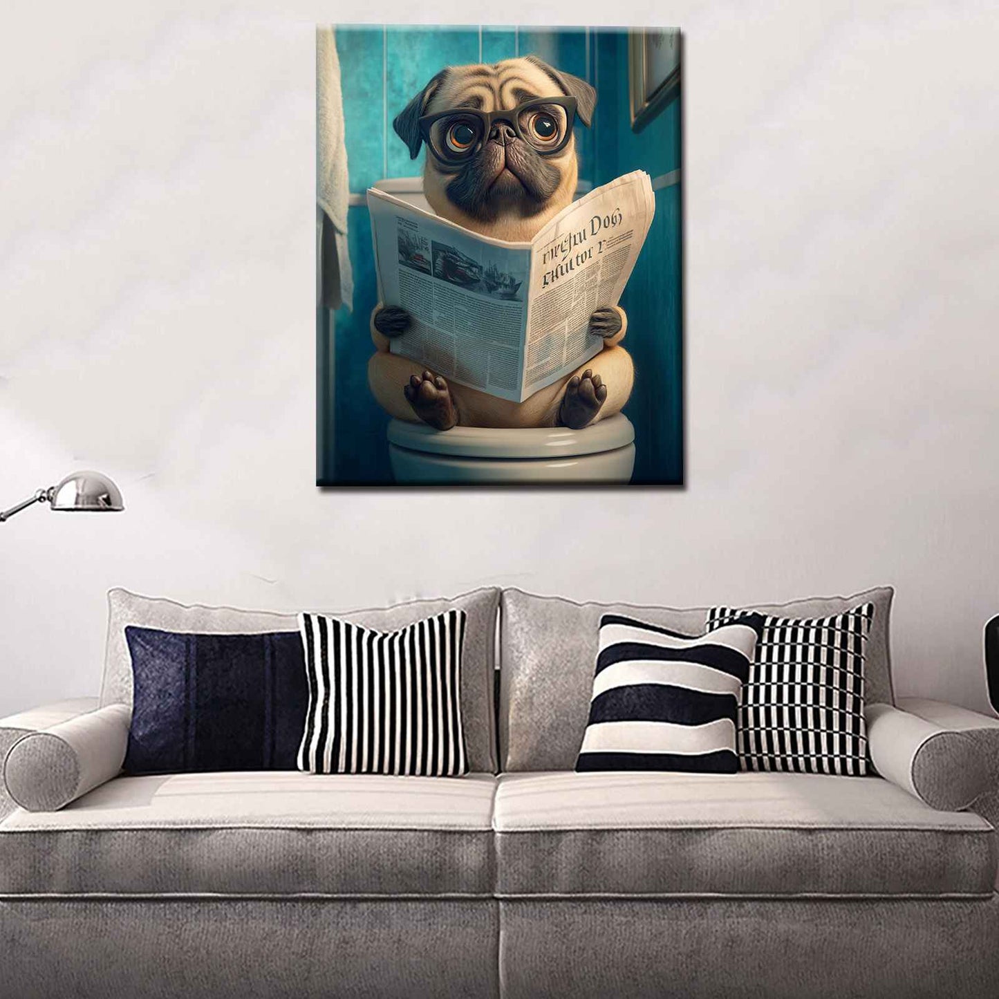 Pug with Glasses Reading Newspaper Canvas Wall Art